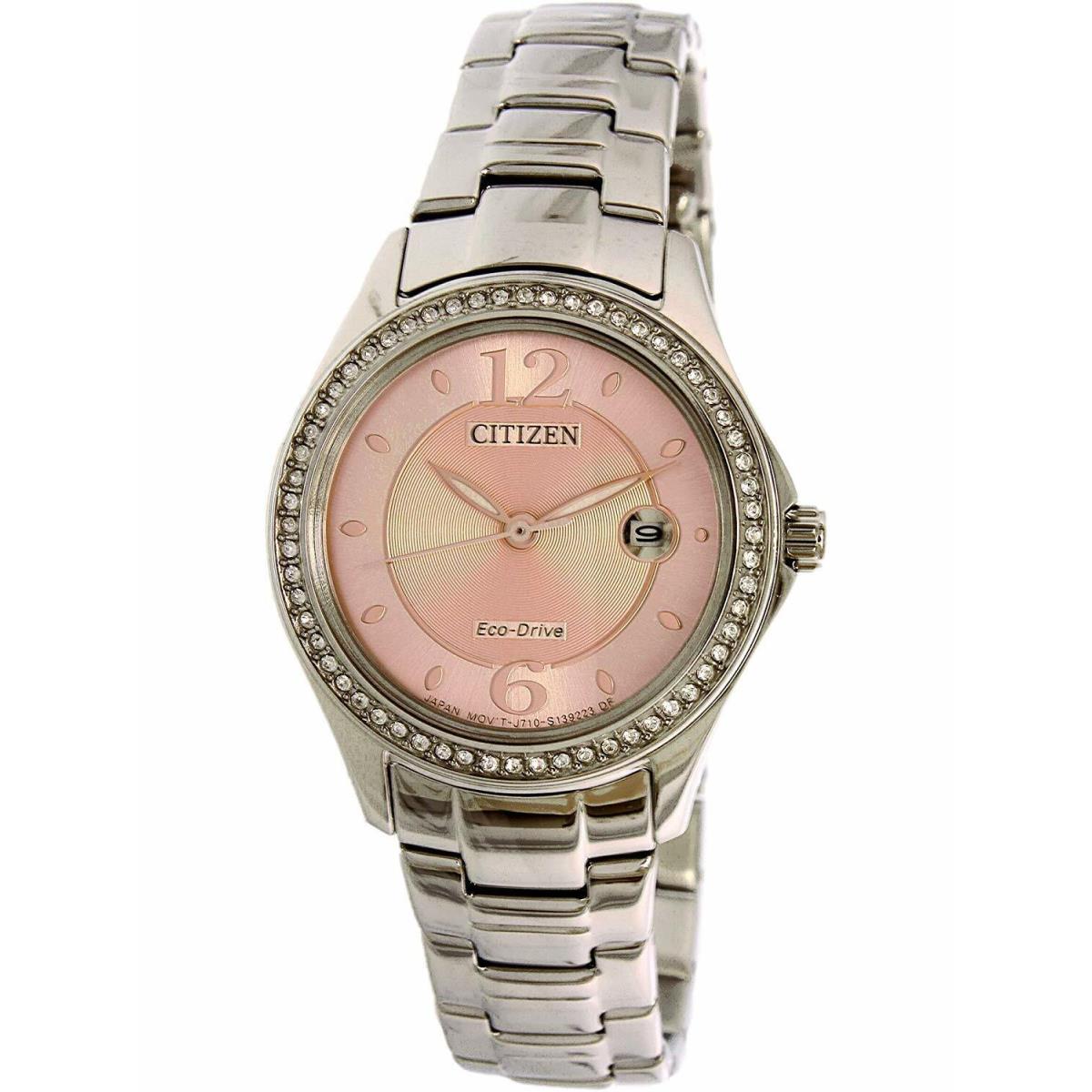 Citizen FE1140-86X Sihouette Eco Drive Crystal Date Pink Dial Women`s Watch - Dial: Silver, Gold, Pink, Band: Silver