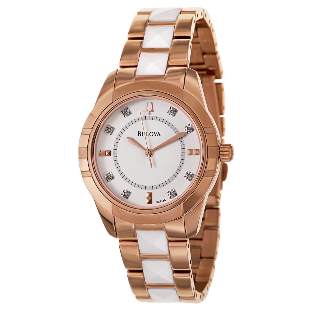 Bulova 98P138 Diamond White Rose Gold Tone Women`s Watch Great Gift