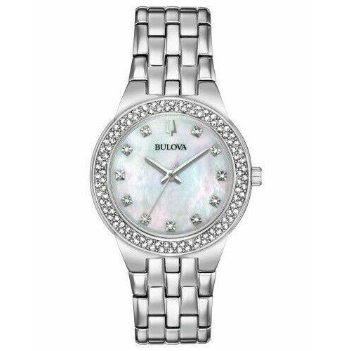 Bulova 96X144 Silver Tone White Mother of Pearl Dial Crystal Accent Womens Watch