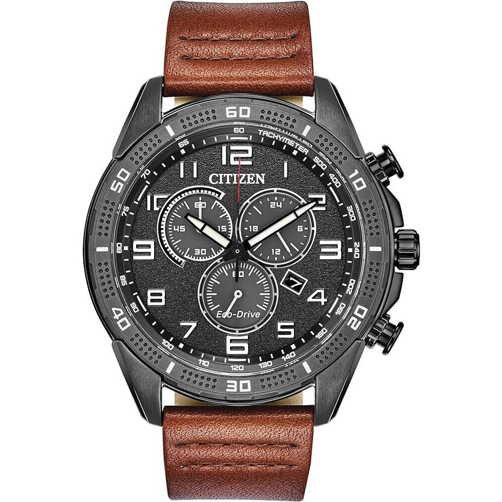 Citizen Men`s Eco-drive Weekender Chronograph Watch in Black AT2447-01E - Dark Grey Ion-Plated, Dial: Black, Band: Brown