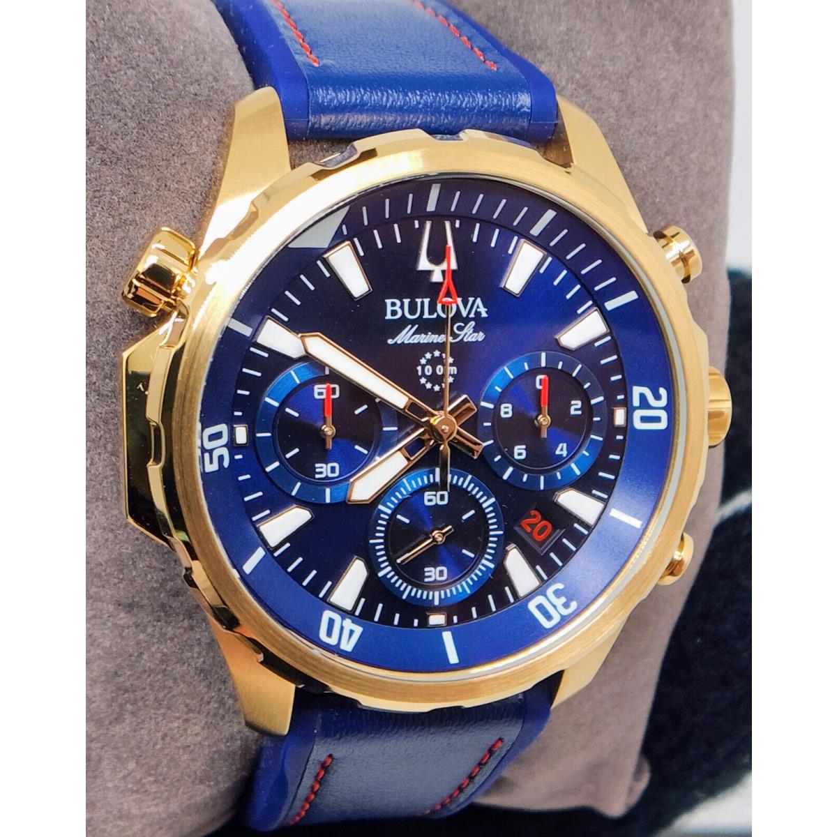 Bulova Marine Star Blue Dial Gold Tone Silicone Strap Men`s Watch 97B168 - Dial: Blue, Band: Blue, Bezel: Gold