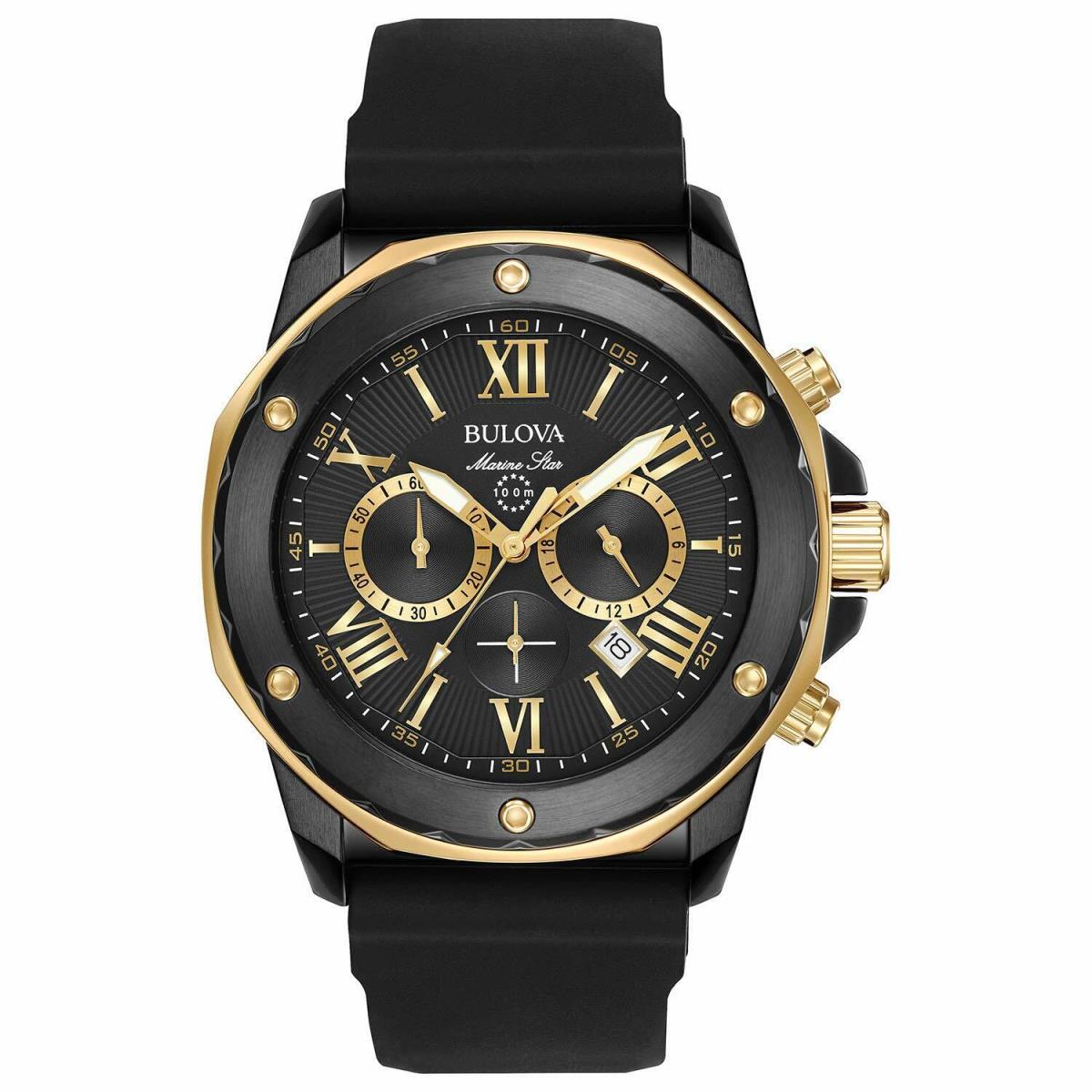 Bulova 98B278 Marine Star Chronograph Men`s Stainless Steel Watch - Gold Tone/ Black Strap, Dial: White, Yellow, Multicolor, Black, Band: Gold, Blue, Multicolor, Black