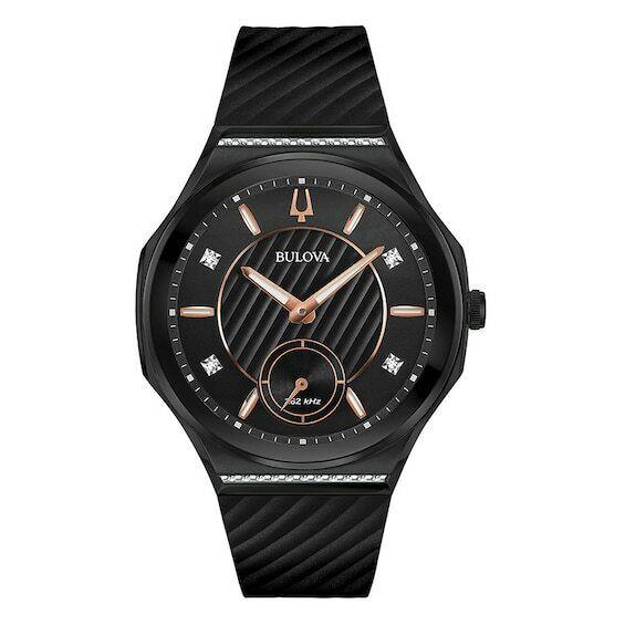 Bulova Curv Black Pvd Case Black Rubber with Diamond Dial 98R240