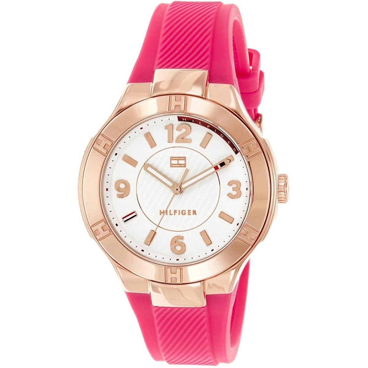 Tommy Hilfiger 1781444 Rose Gold Tone White Dial Pink Silicone Band Womens Watch