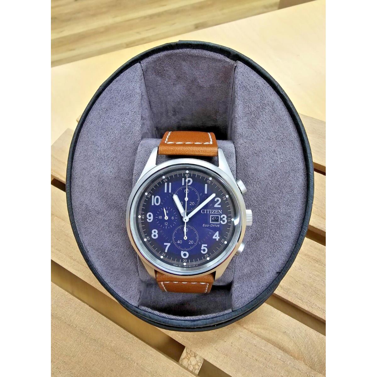 Citizen Eco-drive 42MM Iris Blue Dial Brown Leather Strap Men`s Watch CA0621-05L