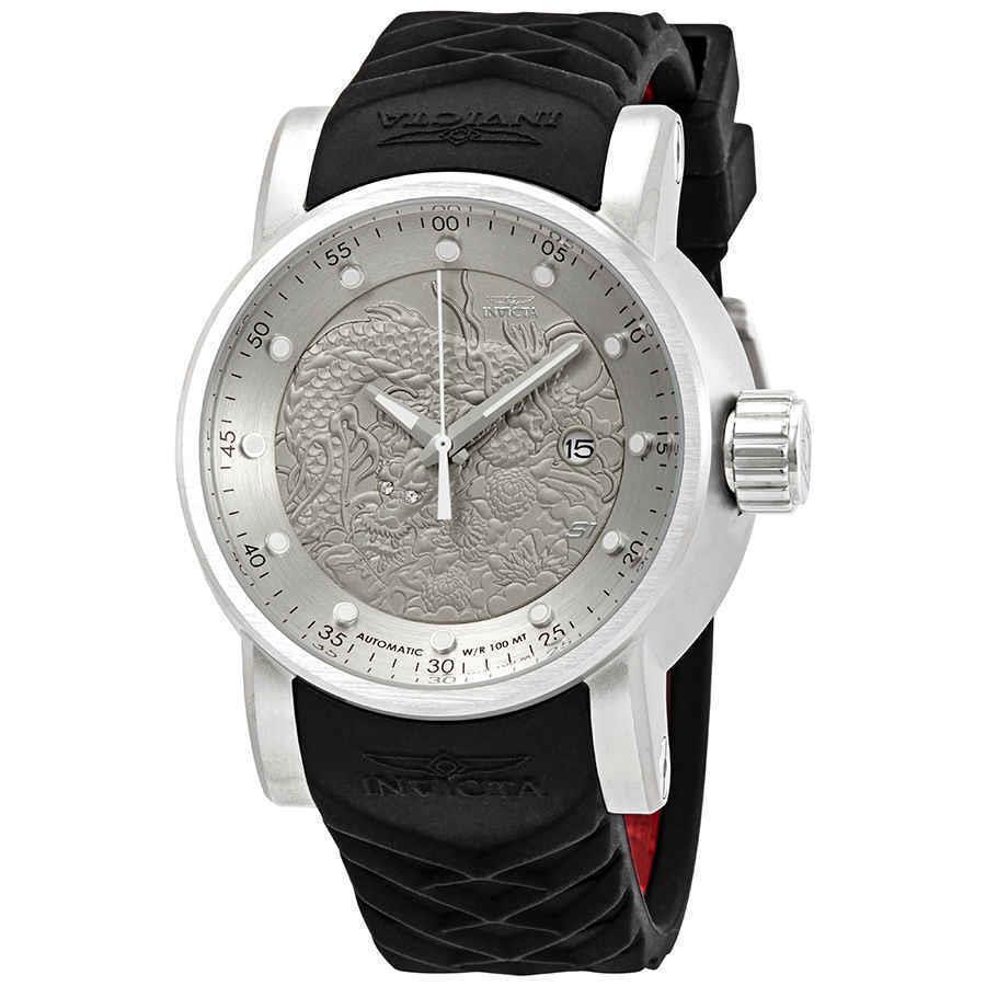 Invicta S1 Rally Automatic Dragon Silver Dial Black Silicone Men`s Watch 15862 - Dial: Silver, Band: Black, Bezel: Silver-tone