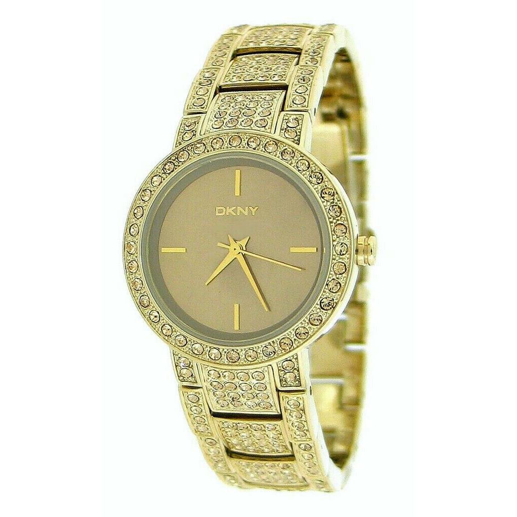 Dkny Gold Tone Stainless Steel Pave Crystal Mop Dial Bracelet Watch NY8052