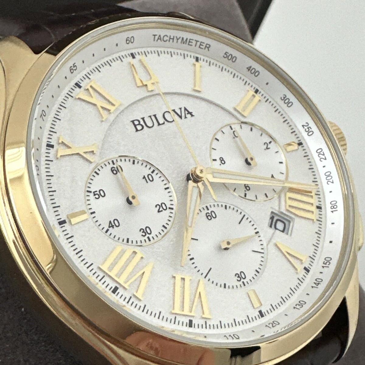 Bulova Classic White Textured Dial Men`s Chronograph Watch 97B169 - Dial: White, Band: Brown, Bezel: Yellow Gold-tone