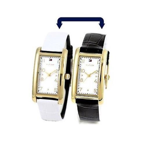 Tommy Hilfiger Reversible White+black Croc Leather Band+gold Dial Watch 1781113