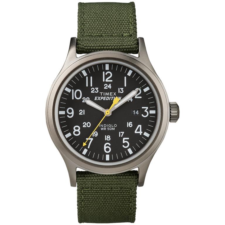 Timex T49961 Men`s Expedition Scout Green Fabric Strap Watch - Dial: Black, Band: Green, Bezel: Silver