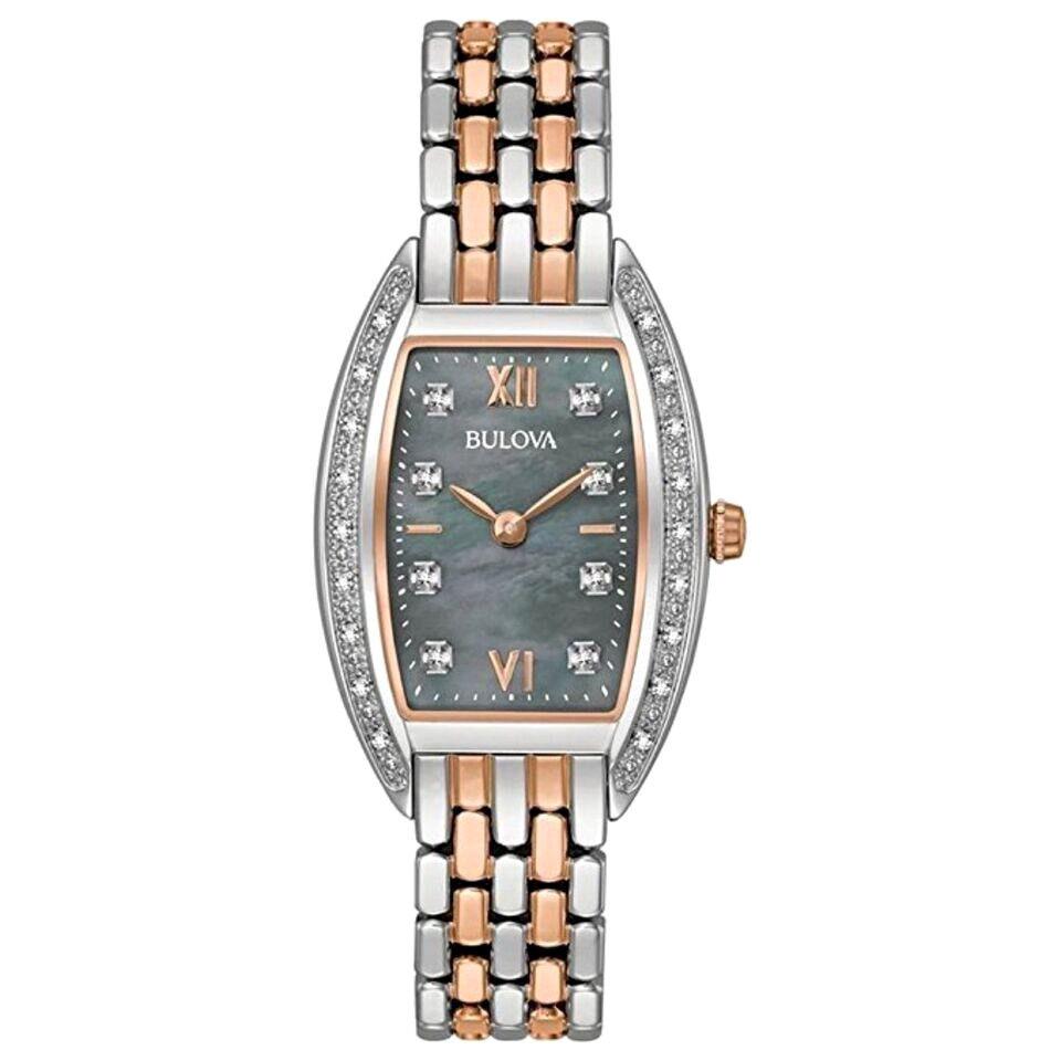 Bulova 98R232 Black Mother of Pearl Dial Two Tone 26 Diamonds Women`s Watch