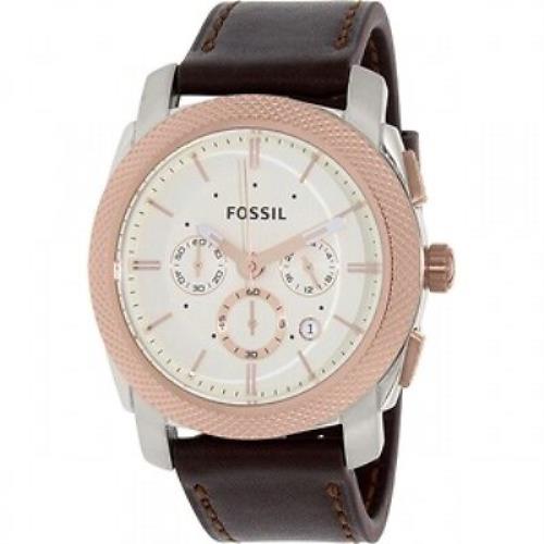 Fossil Men`s Machine Silver Dial Leather Strap Chronograph Watch FS5040