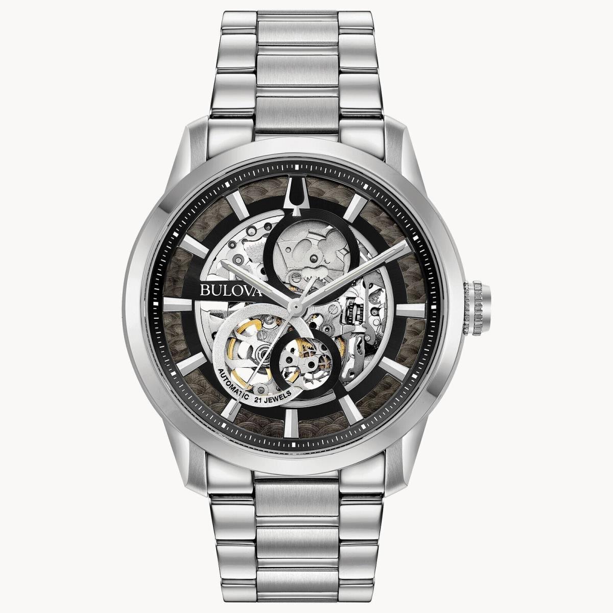 Bulova Men`s Classic Sutton Stainless Steel Automatic Watch Skeleton 96A208 - Silver-Tone/Black dial, Dial: Black, Band: Silver