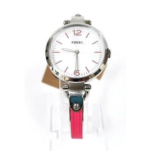 Fossil Silver Tone S/steel+pink Leather Inlay Bangle Cuff Band Watch ES3258