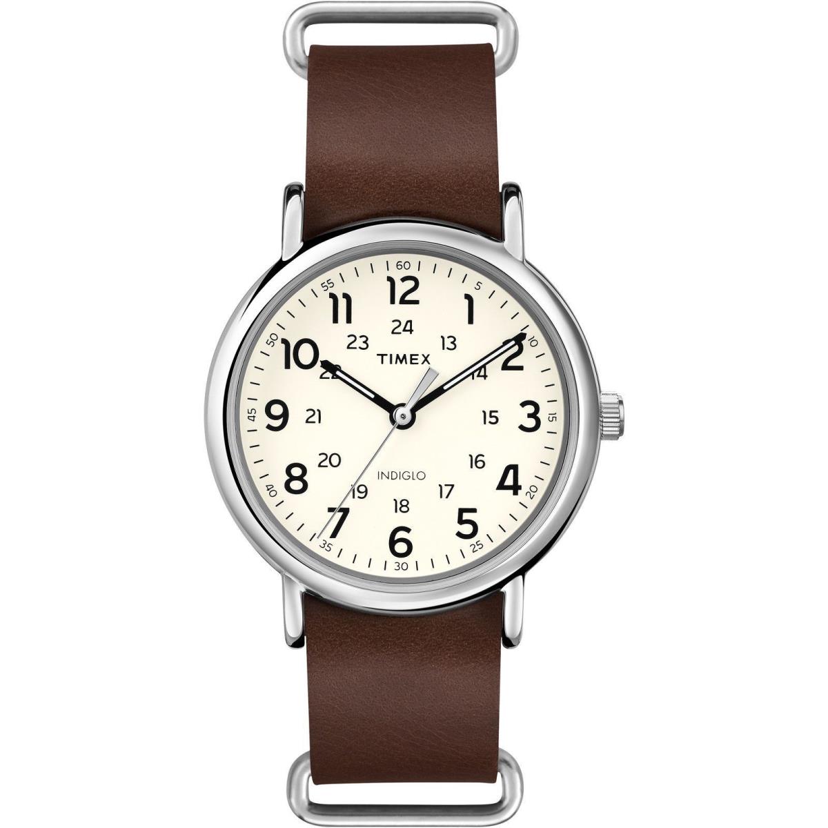 Timex T2P495 Men`s Weekender Brown Leather Watch Indiglo - Dial: off white, Band: Brown