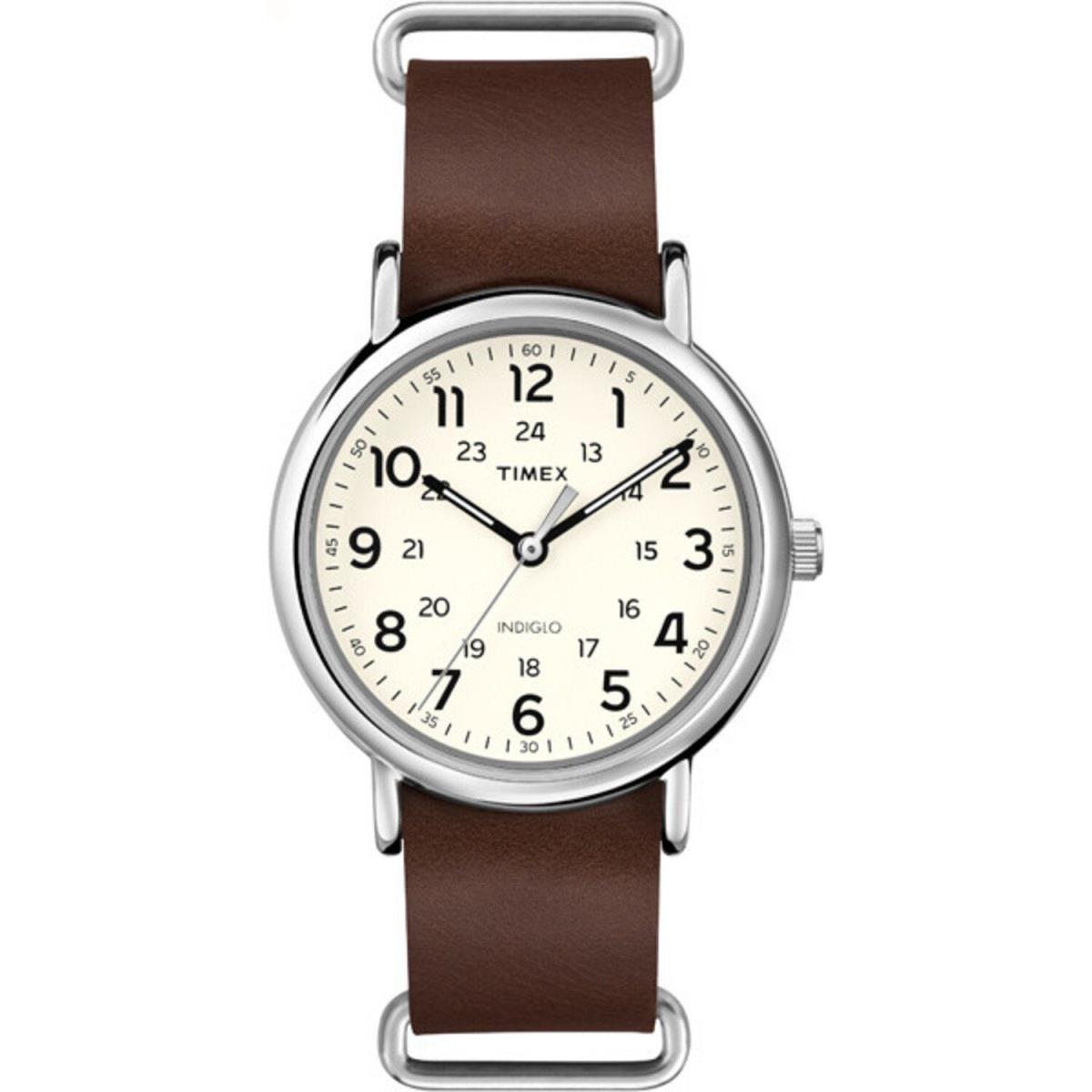 Timex Unisex T2P495 Weekender 40 Brown Leather Slip-thru Strap Watch - Red