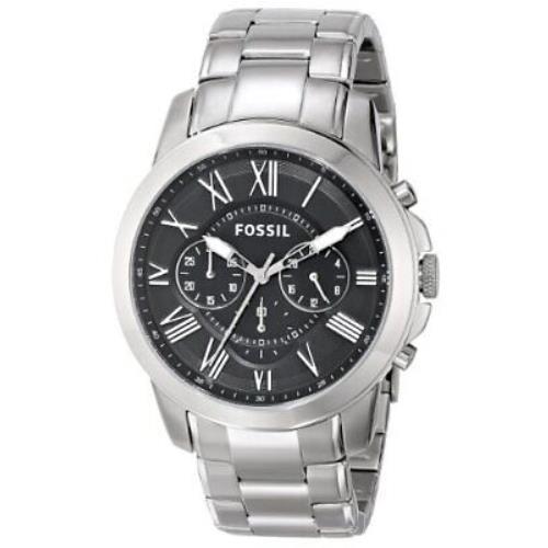 Fossil Grant Black Dial Stainless Steel Chronograph Quartz Mens Watch FS4736 - Face: Black, Dial: Black, Band: Silver