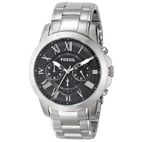 Fossil Grant Black Dial Stainless Steel Chronograph Quartz Mens Watch FS4736 - Face: Black, Dial: Black, Band: Silver