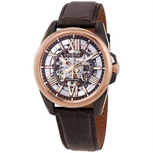 Bulova Classic Automatic Skeleton Dial Men`s Watch 98A165 - Silver Dial, Brown Band, Rose Gold Bezel