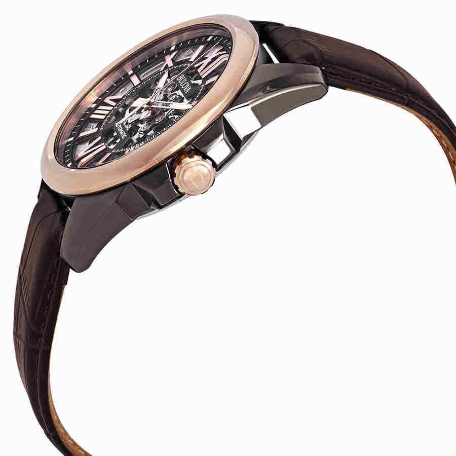 Bulova Classic Automatic Skeleton Dial Men`s Watch 98A165 - Dial: Silver, Brown, Gold, Pink, Rose Gold, Black, Clear, Band: Brown, Pink, Bezel: Rose Gold