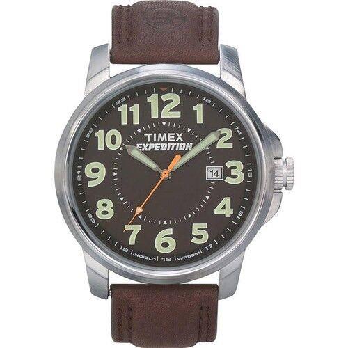 Timex T44921 Men`s Expedition Brown Leather Watch Indiglo Date - Dial: Blue, Band: Brown