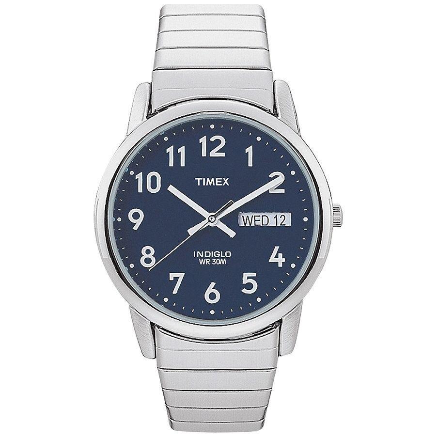 Timex T20031 Easy Reader Men`s Silvertone Expansion Indiglo Day/date - Dial: Blue, Band: Silver