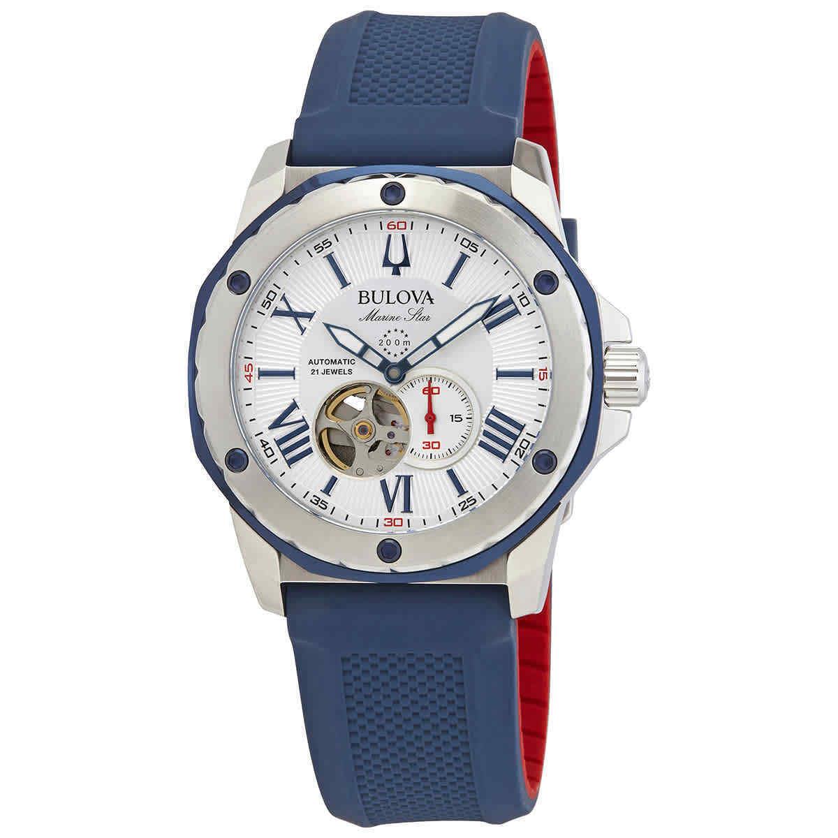 Bulova Marine Star Automatic Silver White Dial Men`s Watch 98A225 - Dial: Silver, Band: Blue, Bezel: Silver-tone