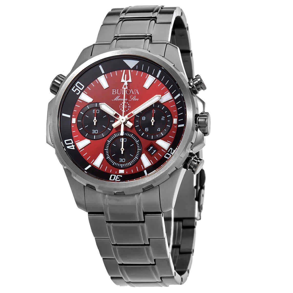 Bulova Marine Star Chronograph Quartz Red Dial Men`s Watch 98B350 - Dial: Red, Gold, Gray, Black, Band: Red, Silver, Gold, Gray, Black, Bezel: Gray