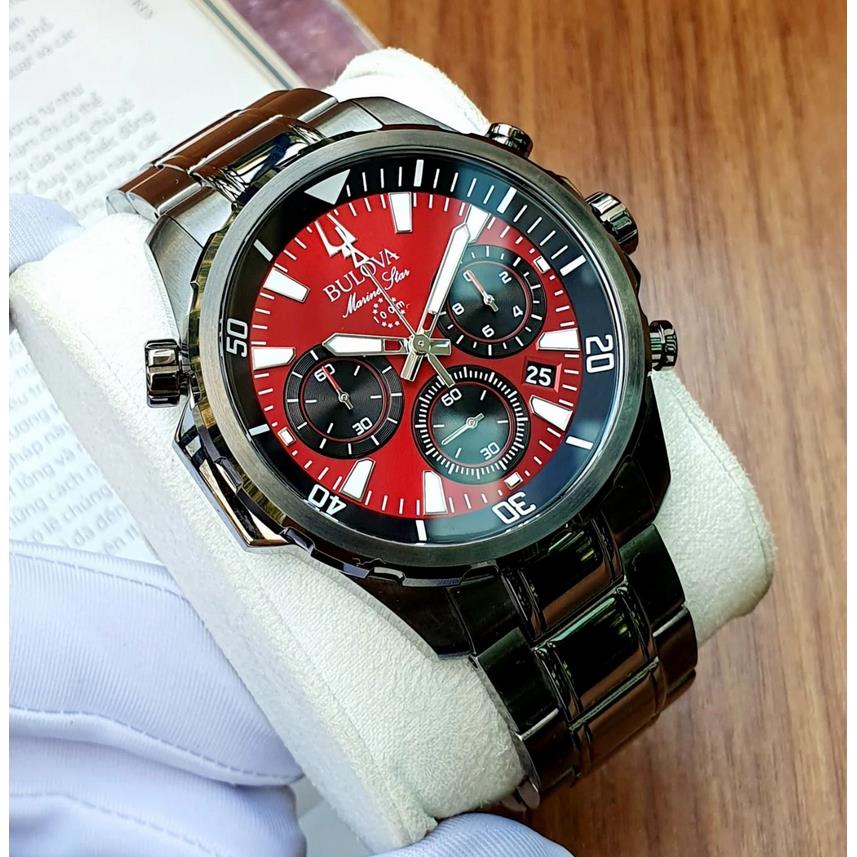 Bulova 98B350 Marine Star Red Dial Chronograph Stainless Steel Men`s Watch - Dial: Red, Band: Gray, Bezel: Gray