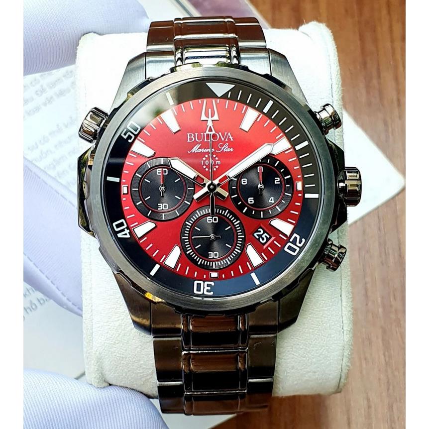 Bulova Marine Star Red Dial Chronograph Stainless Steel Men`s Watch 98B350