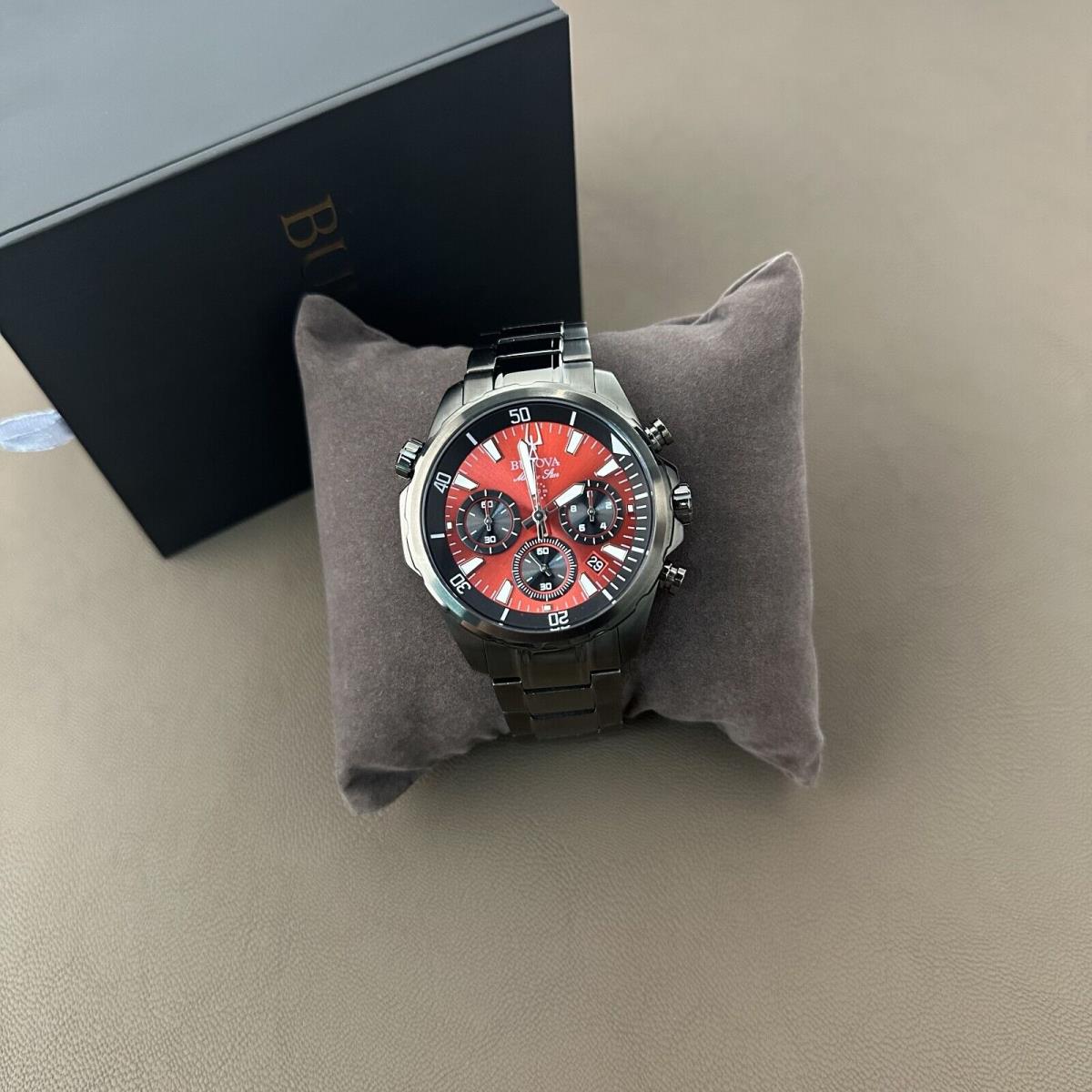 Bulova 98B350 Men`s Marine Star/red Dial 6-Hand Chronograph Quartz Watch 43mm - Dial: Red, Band: Grey, Bezel: Grey