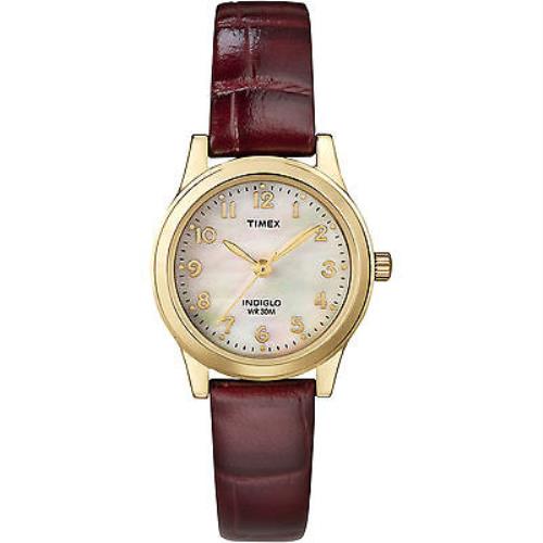 Timex T21693 Women`s Brown Leather Strap Watch Indiglo Mother of Pearl Dial