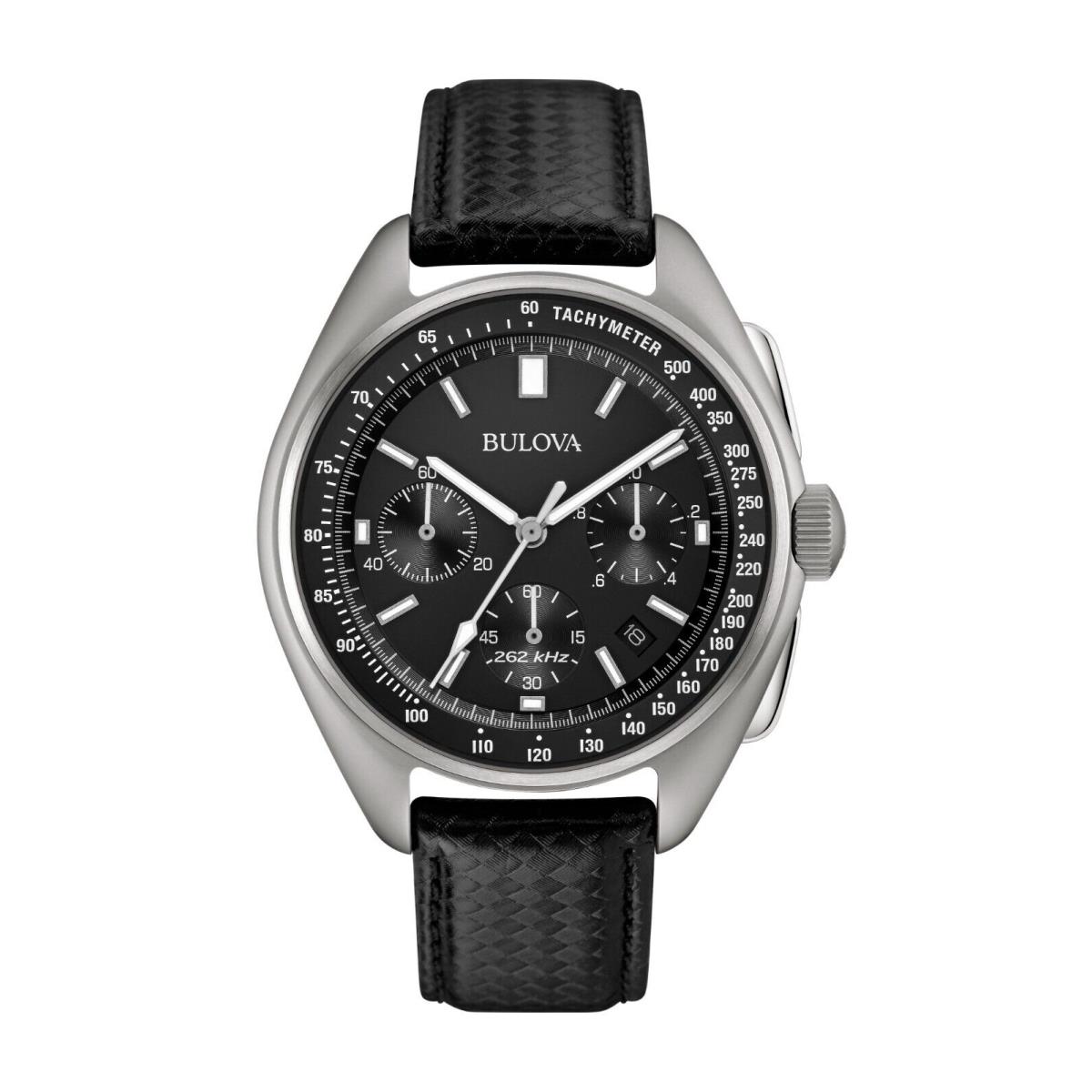 Bulova Archive Series Lunar Pilot Quartz Men`s Black Leather Watch 45 MM 96B251 - Dial: Black, Band: Black, Bezel: Silver