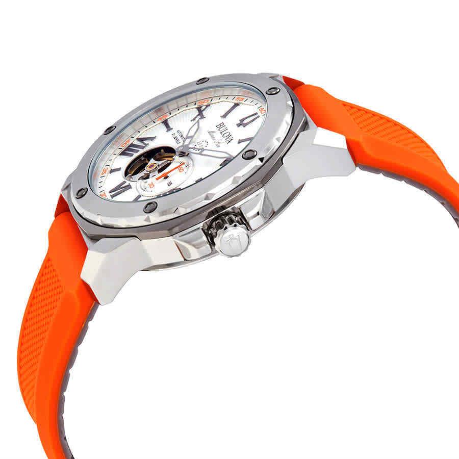 Bulova Marine Star Automatic Silver Dial Men`s Watch 98A226 - Dial: Silver (Skeletal Window), Band: Orange, Bezel: Silver-tone