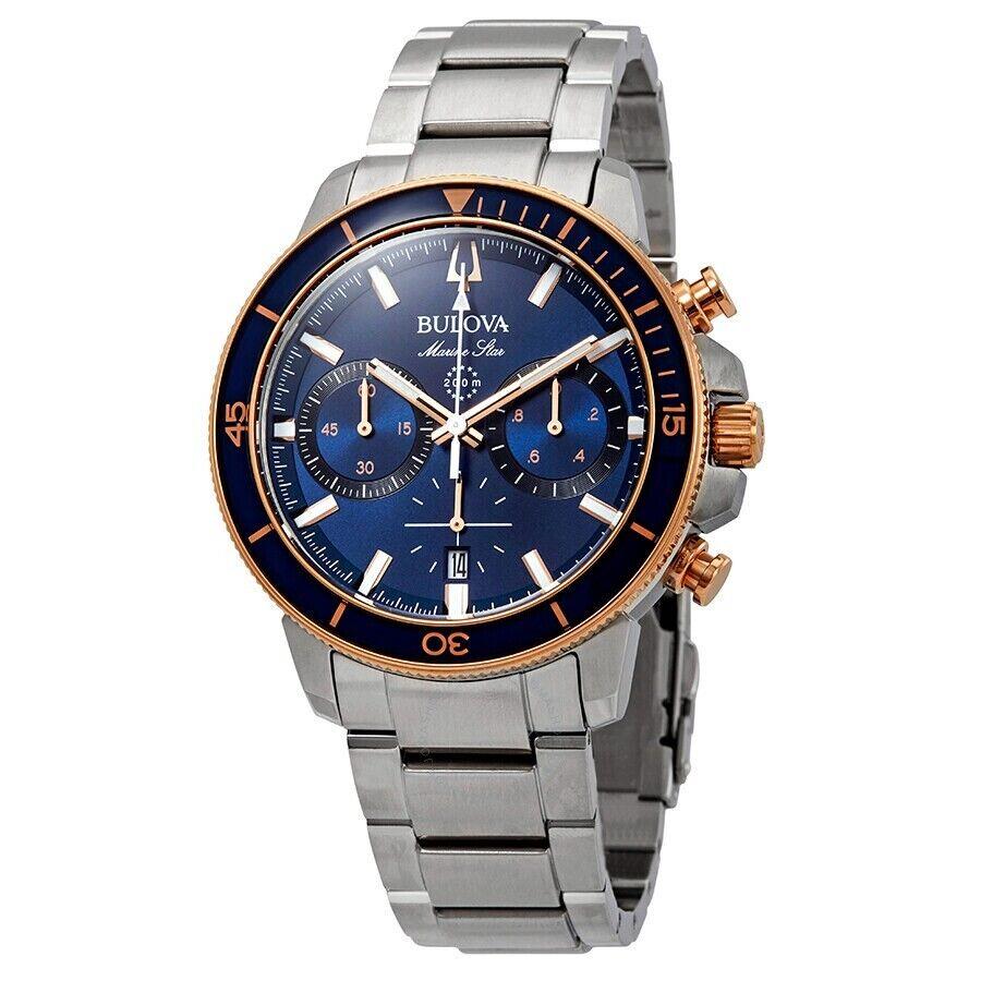 Bulova 98B301 Marine Star Blue Chronograph Dial Silver Bracelet Band Mens Watch