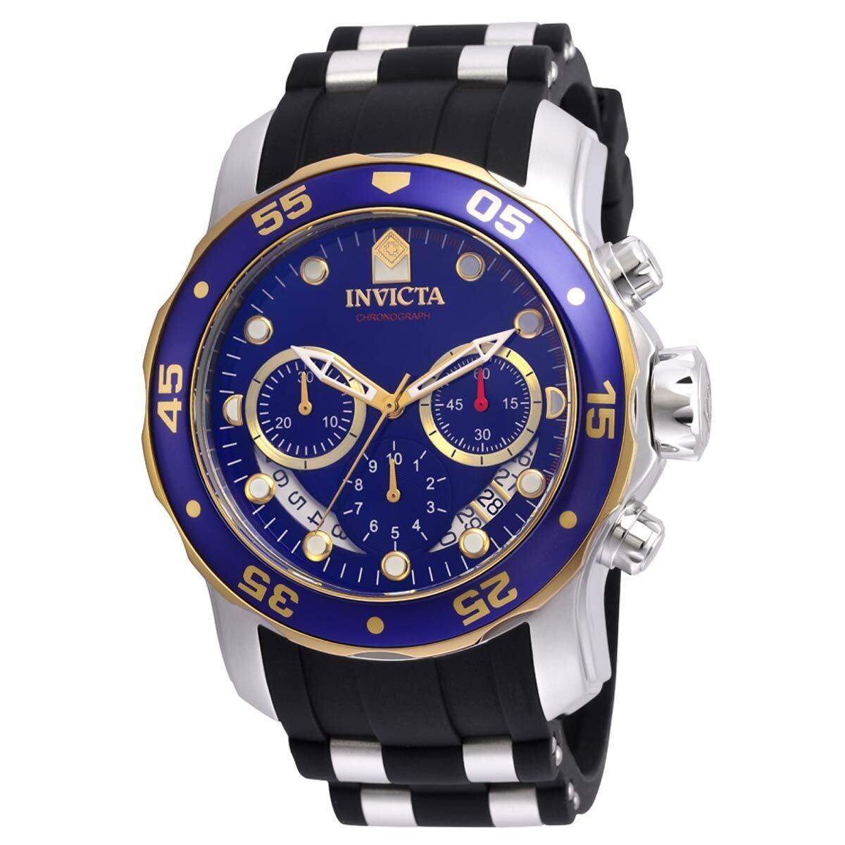 Invicta Men`s Watch Pro Diver Scuba Chrono Blue and Gold Tone Dial Strap 22971 - Blue, Dial: Blue, Band: Silver, Black