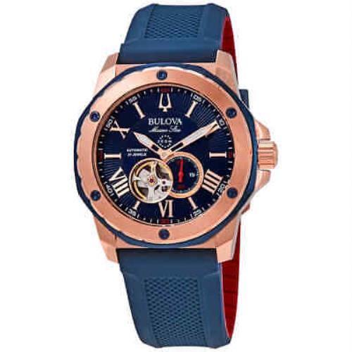 Bulova Marine Star Automatic Blue Dial Men`s Watch 98A227 - Dial: Blue, Band: Blue, Bezel: Rose Gold-tone