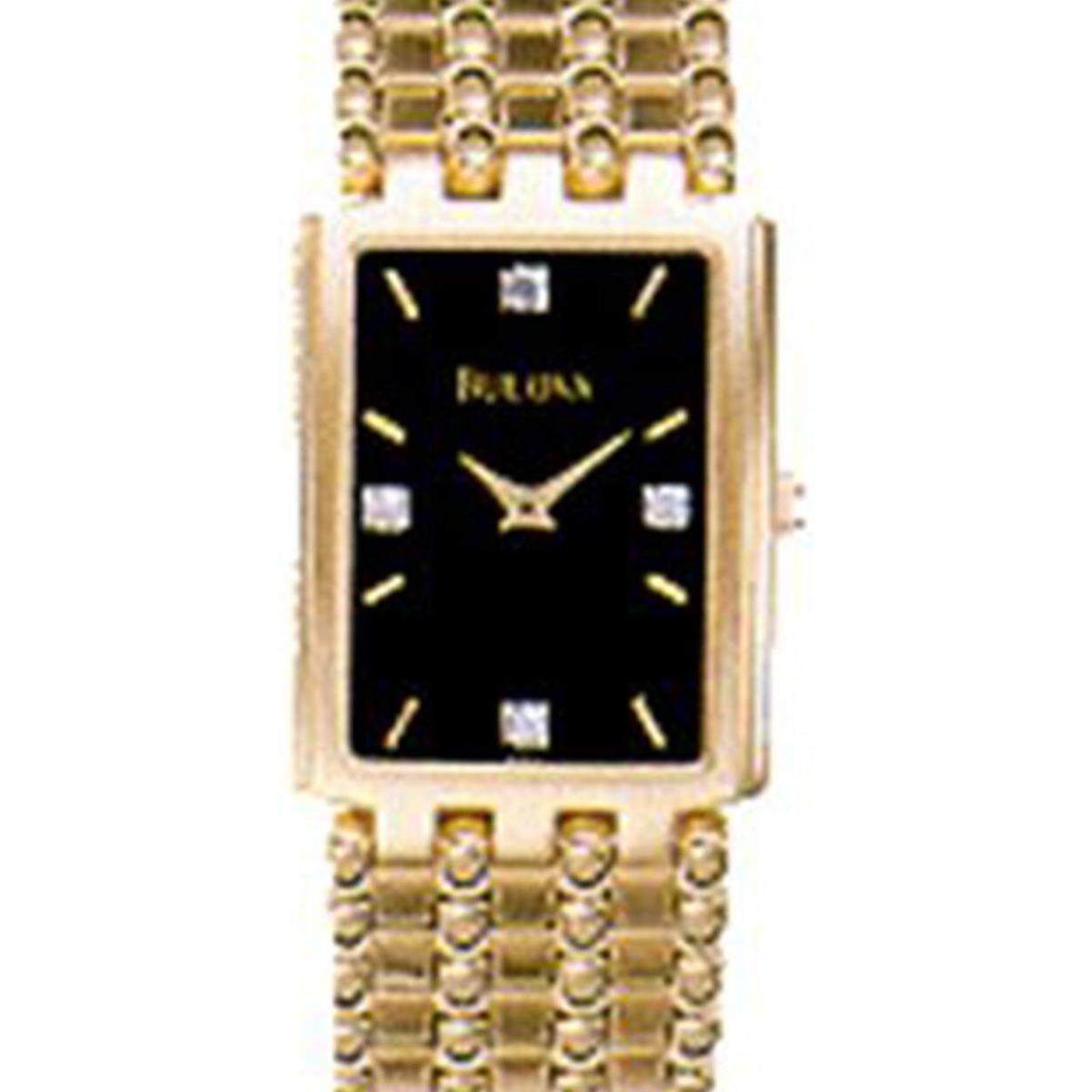 Bulova 97F21 Rectangle 4 Diamond Gold Tone Bracelet S/s Black Dial Swiss Made