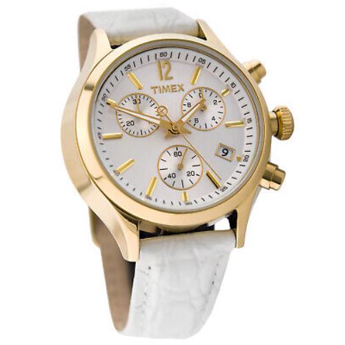 Timex T2P418 Women`s Analog Chronograph Gold-tone Watch White Leather Strap
