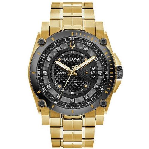 Men`s Bulova Precisionist Diamond Dial Gold Tone Diver`s Steel Watch 98D156