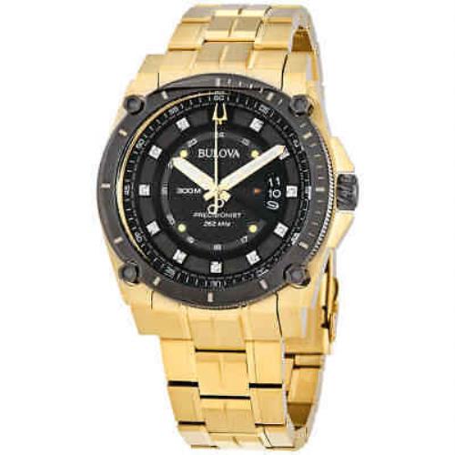 Bulova Precisionist Quartz Diamond Black Dial Men`s Watch 98D156 - Dial: Black, Band: Gold, Bezel: Yellow Gold-tone