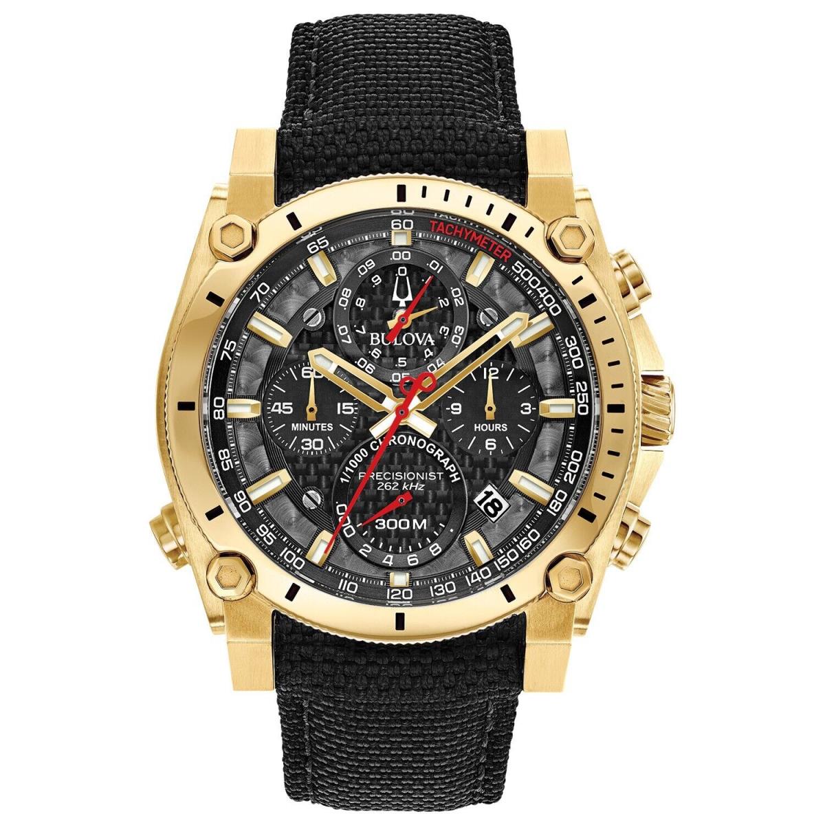 Bulova Men`s Precisionist Quartz Chronograph Gold Black Watch 46MM 97B178 - Dial: Black, Band: Black, Bezel: Gold