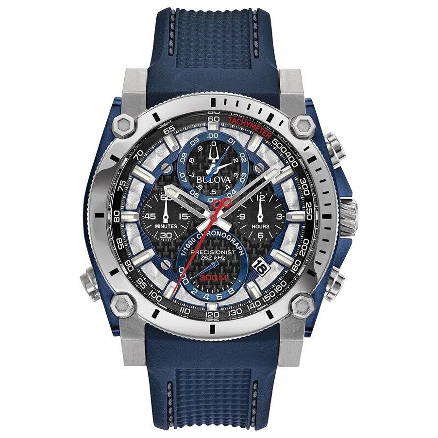 Bulova Icon Collection Quartz Chronograph Men`s Blue Strap Watch 47 MM 98B315 - Dial: Blue, Black, Band: Blue, Bezel: Silver