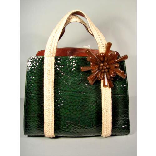 Marc Jacobs Dark Green Croc Printed Patent Leather Handbag Bag Purse Satchel