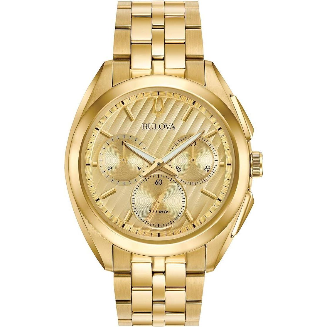 Bulova Men`s Curv Quartz Chronograph Stainless Steel Gold 45mm Watch 97A125 - Dial: Champagne, Band: Gold, Bezel: Gold