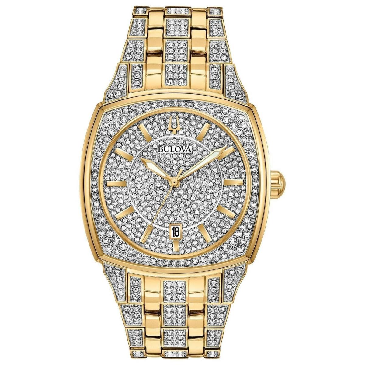 Bulova Phantom Crystal Pave Dial Men`s Watch 98B323 - Dial: Silver, Gold, Blue, Band: Silver, Gold, Multicolor, Bezel: Gold