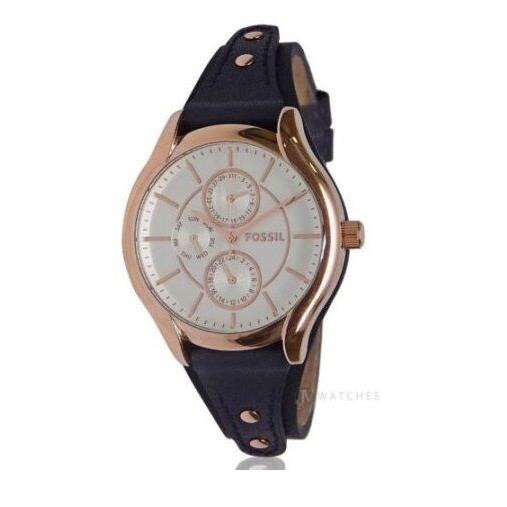 Fossil Rose Gold Tone Blue Leather Cuff Band Multifunction Watch BQ3138