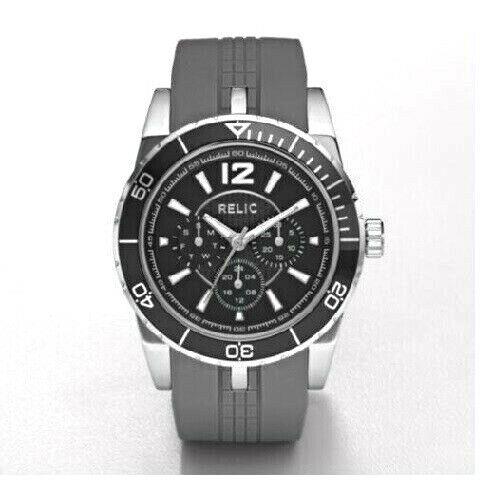 Fossil Relic Silver Tone Gray Silicone Band Multi Black Dial Men`s Watch ZR15609