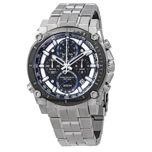 Bulova 98B316 Precisionist Black Chronograph Dial Silver Steel Mens Watch - Dial: Black, Band: Silver, Bezel: Black