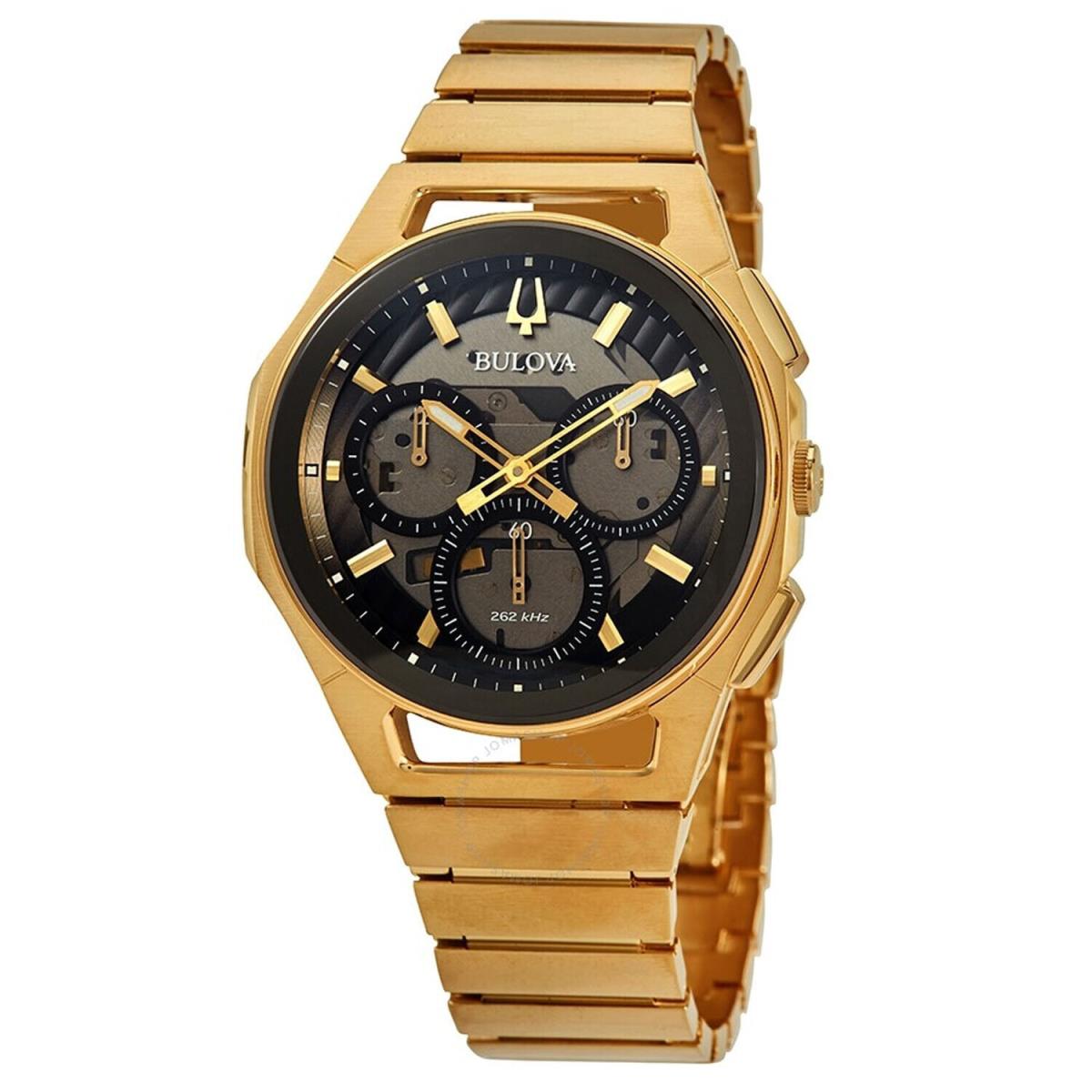 Bulova Men`s Curv Black Dial Watch - 97A144 - Dial: Black, Band: Gold, Bezel: Gold